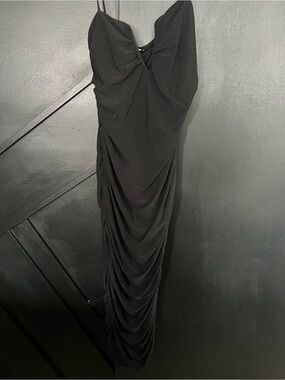 Fashion Nova Black Ruched Midi Slip Dress